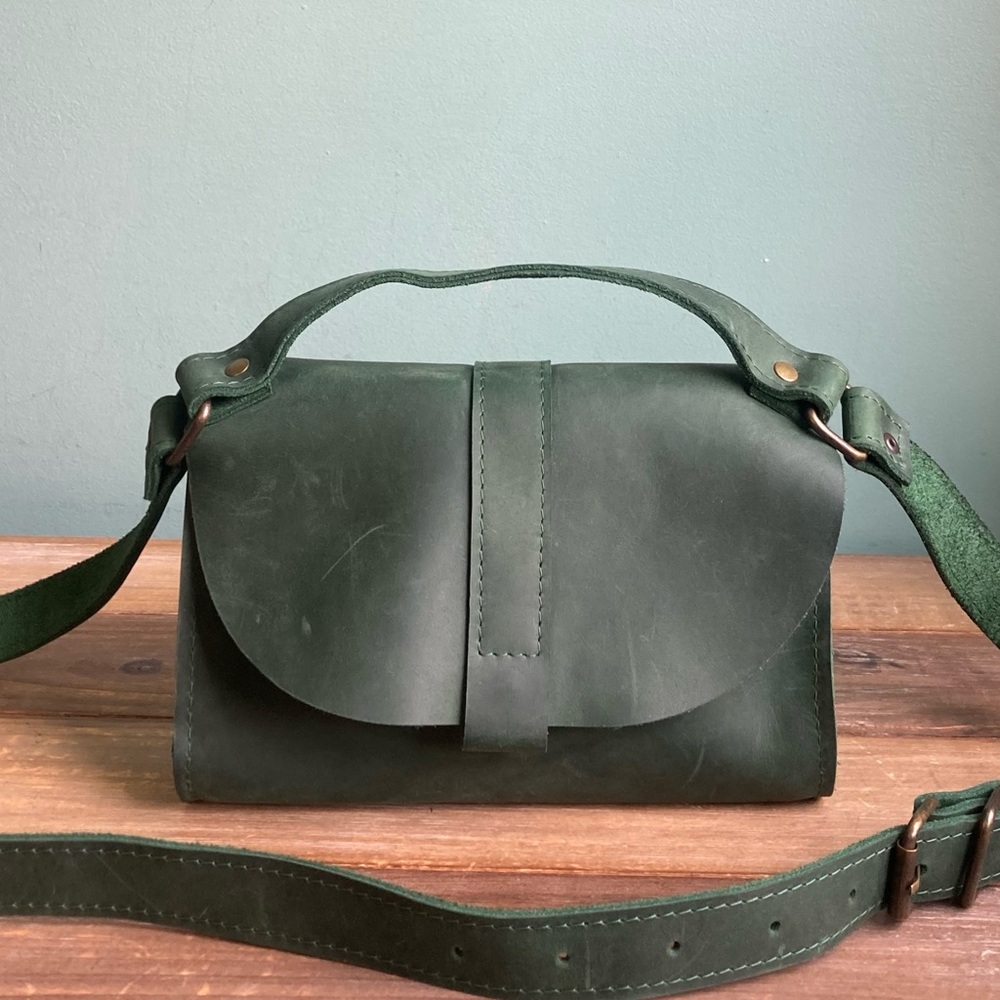 Handmade Vintage Style Top Handle Crazy Horse Leather Crossbody Bag Green